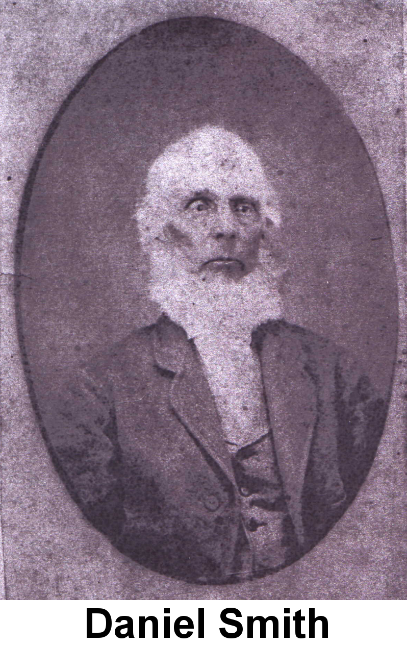 Daguerreotype photo of Daniel Smith: Purplish stained image of a stern-faced elderly bald man with white chin whiskers